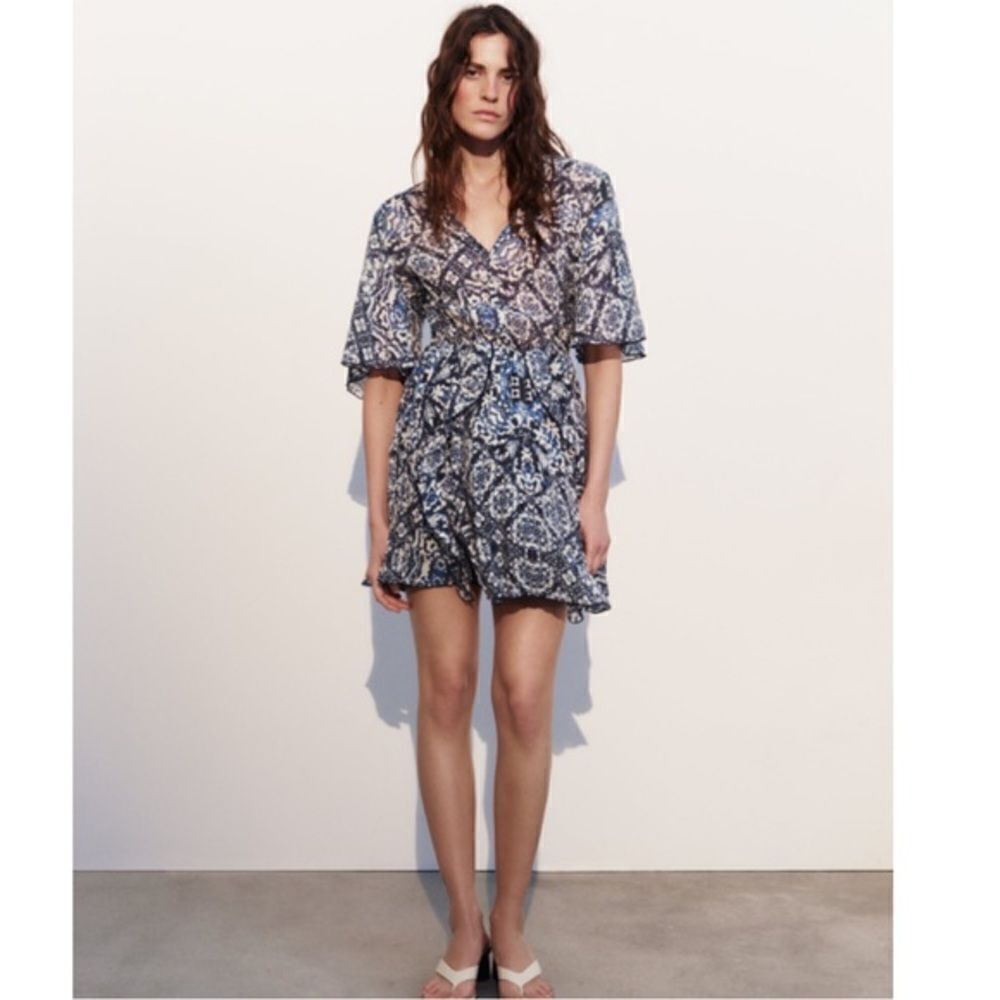 Zara Blue Ruffle Batik Printed Mini Dress - Picture 2 of 9